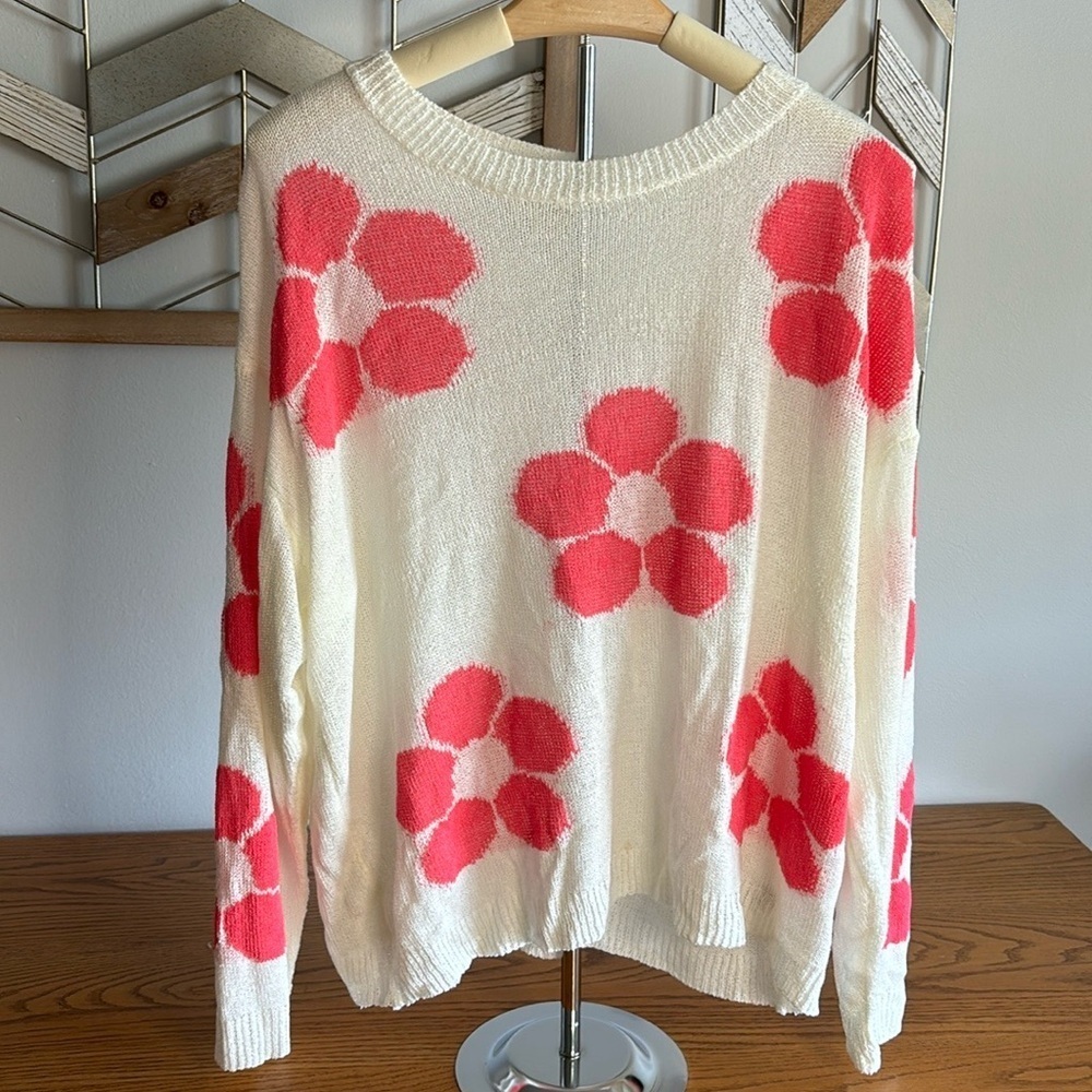 BiBi Cream Sweater with Coral Pink Floral Pattern